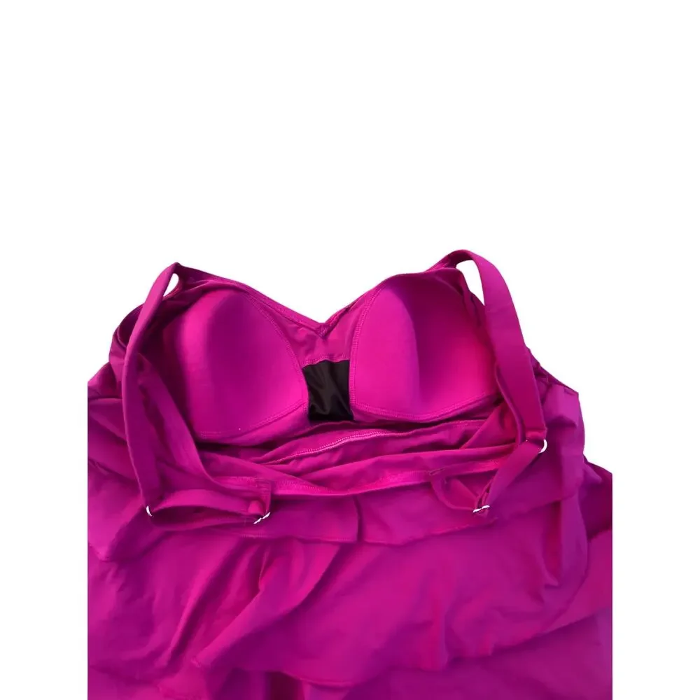 Lands End One Piece Tiered Ruffle Swimsuit - Magenta - Size 18
